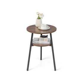 Simple Style 2-Tier Round End Table with Metal Frame (Color: Brown, Type: Side Table)