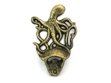 Cast Iron Wall Mounted Octopus Bottle Opener 6" (Finish: Antique Gold)