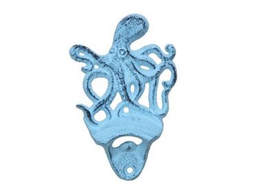 Cast Iron Wall Mounted Octopus Bottle Opener 6" (Finish: Dark Blue Whitewashed)