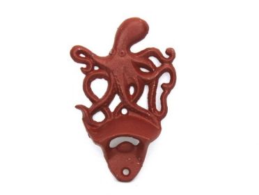 Cast Iron Wall Mounted Octopus Bottle Opener 6" (Finish: Rustic Red)