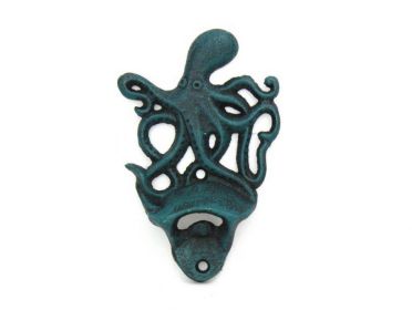 Cast Iron Wall Mounted Octopus Bottle Opener 6" (Finish: Seaworn Blue)