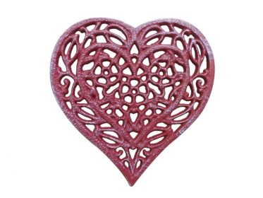 Cast Iron Heart Shaped Trivet 7" (Finish: Rustic Red Whitewashed)