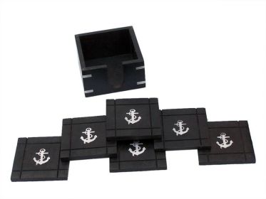 Wooden Anchor Coasters With Rosewood Holder 4" - Set of 6 (Color: Black/Chrome)