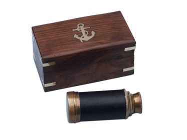 Deluxe Class Scout's Spyglass Telescope 7" with Rosewood Box (Finish: Antique Brass / Leather)