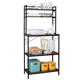 5-Tier Kitchen Bakers Rack with 10 S-Shaped Hooks, Industrial Microwave Oven Stand (Color: Brown)