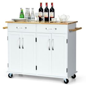 Rolling Kitchen Island Cart with Rubber Wood Top and Smooth Lockable Wheels (Color: White)