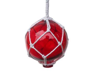 Japanese Glass Ball Fishing Float With White Netting Decoration 4" (Color: Red)