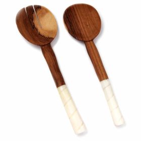 Olive Wood Salad Servers with Bone Handles (Option: White with Etching Design)