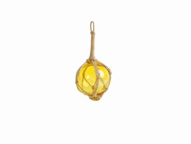 Japanese Glass Ball Fishing Float With Brown Netting Decoration 4" (Color: Yellow)