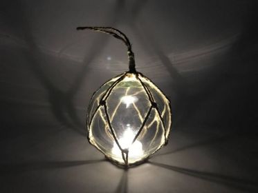 LED Lighted Japanese Glass Ball Fishing Float with Netting Decoration 3" (Color: Clear / Brown Net)