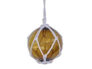 Japanese Glass Ball Fishing Float With White Netting Decoration 6" (Color: Amber)