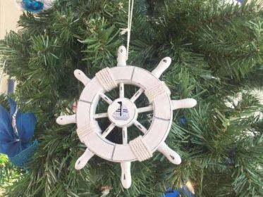 Decorative Ship Wheel With Sailboat Christmas Tree Ornament (Color: Rustic White)