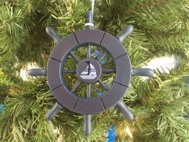 Decorative Ship Wheel With Sailboat Christmas Tree Ornament (Color: Dark Blue)