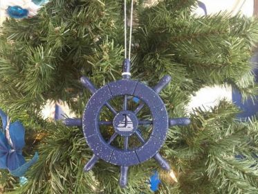 Decorative Ship Wheel With Sailboat Christmas Tree Ornament (Color: Rustic Dark Blue)