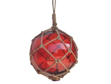 Japanese Glass Ball Fishing Float With Brown Netting Decoration 12" (Color: Red)