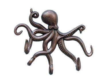 Metal Wall Mounted Octopus with Tentacle Hooks 11" (Finish: Antique Copper)