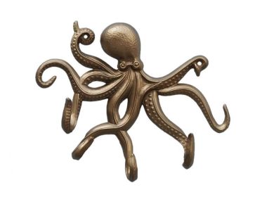 Metal Wall Mounted Octopus with Tentacle Hooks 11" (Finish: Antique Brass)