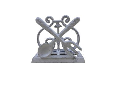 Whitewashed Cast Iron Fork and Spoon Kitchen Napkin Holder 5"" (Finish: Whitewashed)