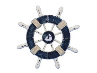 Decorative Ship Wheel with Sailboat (style: Dark Blue & White)