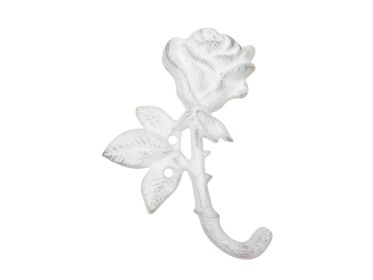 Cast Iron Long Stem Rose Decorative Metal Wall Hook 5.5" (Finish: Whitewashed)