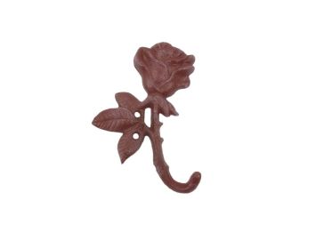 Cast Iron Long Stem Rose Decorative Metal Wall Hook 5.5" (Finish: Red Whitewashed)