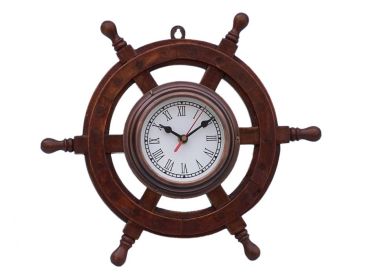 Deluxe Class Wood and Metal Ship Steering Wheel Clock 12" (Finish: Antique Copper)