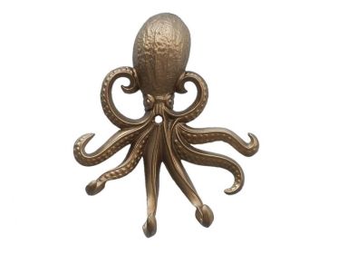 Metal Wall Mounted Octopus Hooks 7" (Finish: Antique Brass)