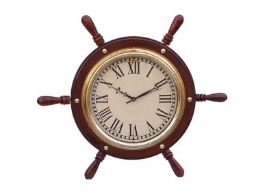 Solid Wood & Metal Ship's Wheel Clock 15" (style: Wood/Brass)