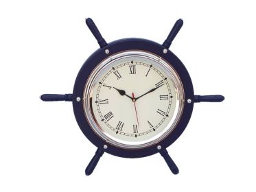 Solid Wood & Metal Ship's Wheel Clock 15" (style: Blue/Chrome)