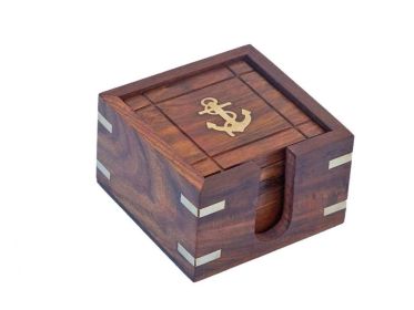 Wooden Anchor Coasters With Rosewood Holder 4" - Set of 6 (Color: Wood)